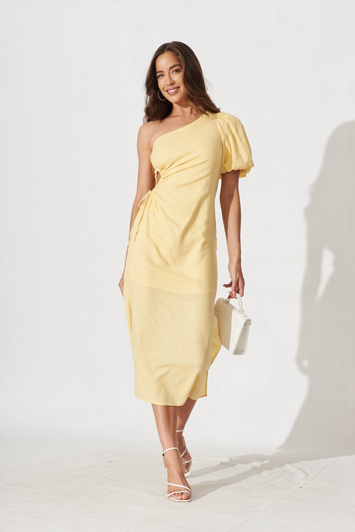 Joya Midi Dress In Yellow Linen Blend - full length