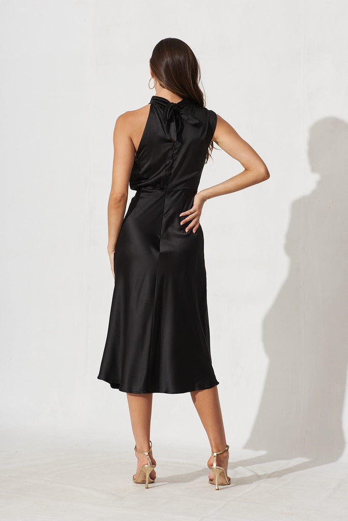 Paris Midi Dress In Black Satin - back