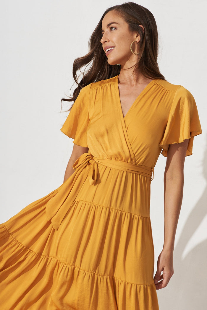 Jasmine Maxi Dress In Mustard Satin - front