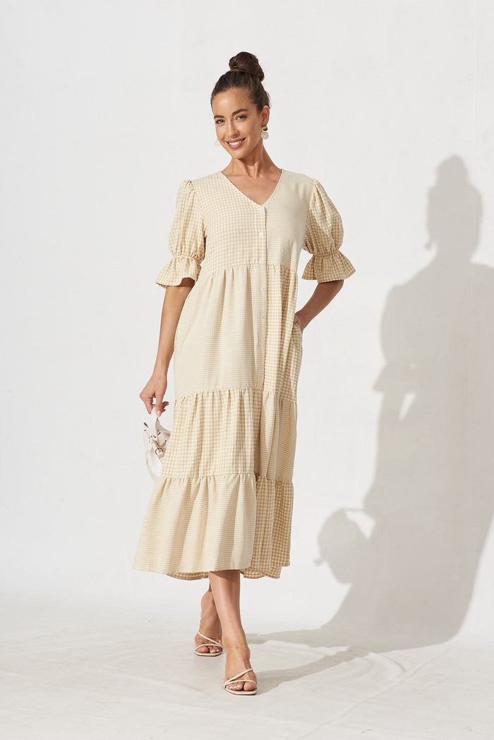 Delfina Maxi Dress In White With Beige Gingham - full length