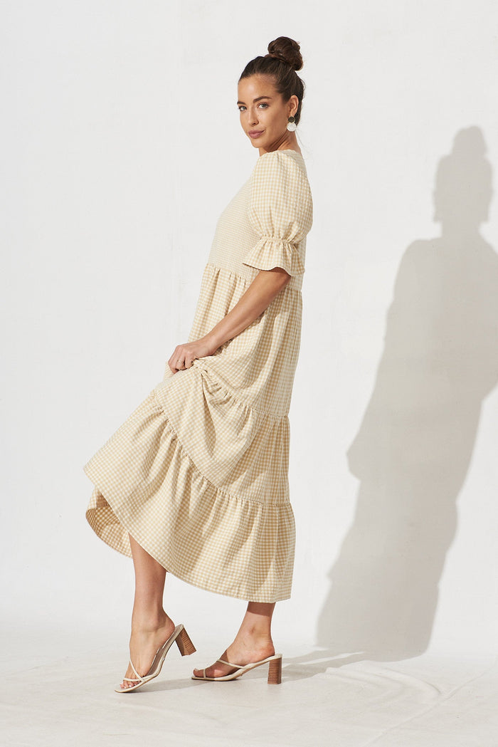 Delfina Maxi Dress In White With Beige Gingham - side