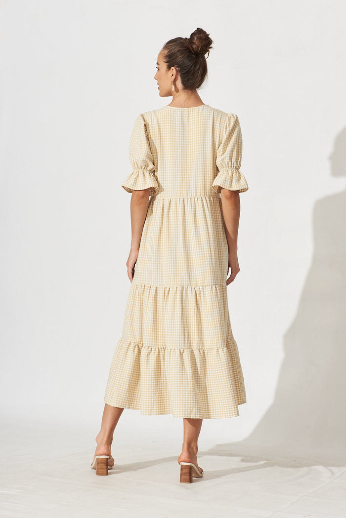 Delfina Maxi Dress In White With Beige Gingham - back
