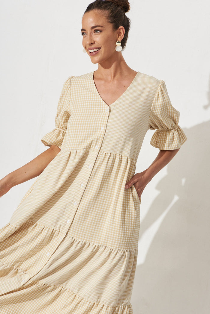 Delfina Maxi Dress In White With Beige Gingham - front