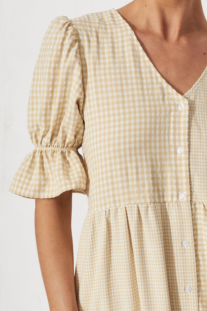 Delfina Maxi Dress In White With Beige Gingham - detail