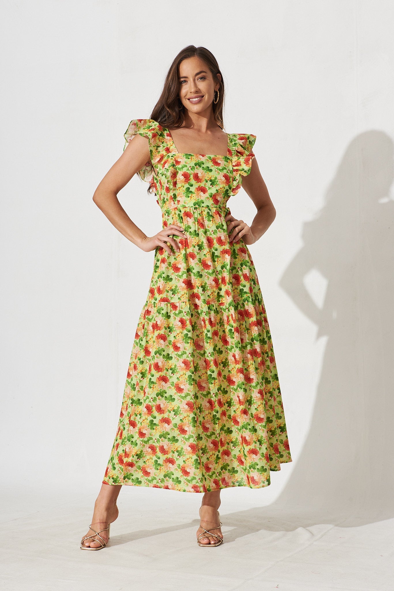 Balsamo Maxi Dress In Green With Red Floral Cotton - full length