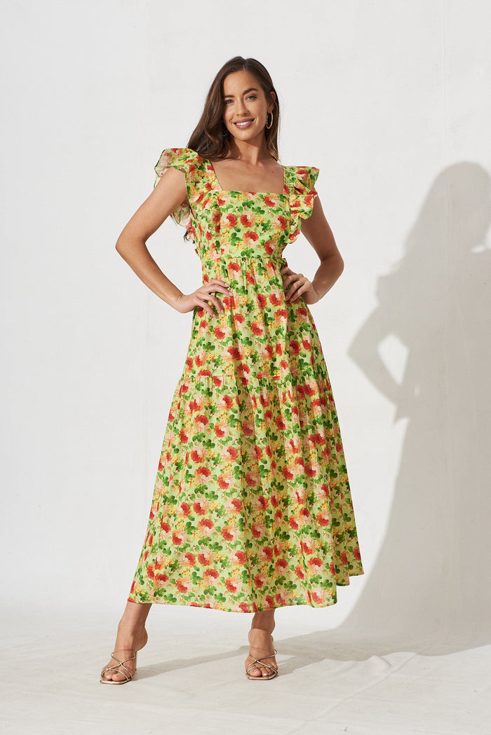 Balsamo Maxi Dress In Green With Red Floral Cotton - full length