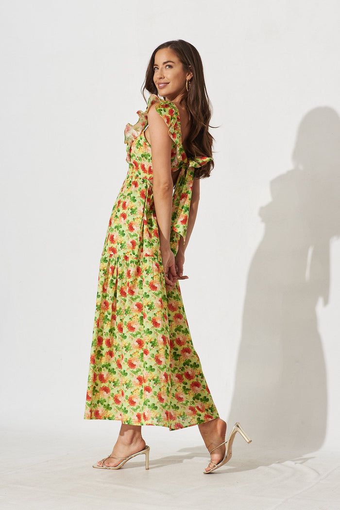 Balsamo Maxi Dress In Green With Red Floral Cotton - side