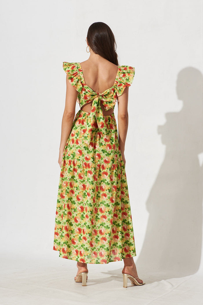 Balsamo Maxi Dress In Green With Red Floral Cotton - back