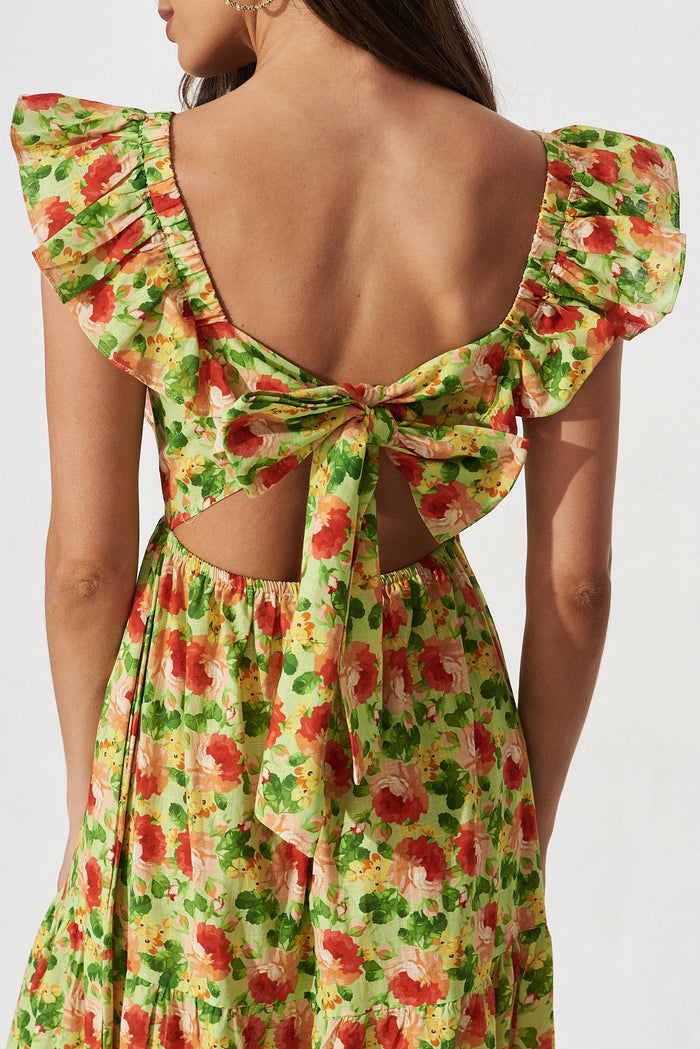 Balsamo Maxi Dress In Green With Red Floral Cotton - detail