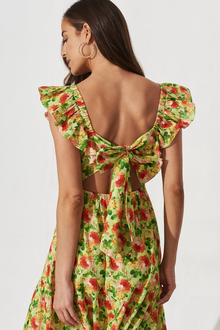 Balsamo Maxi Dress In Green With Red Floral Cotton - detail