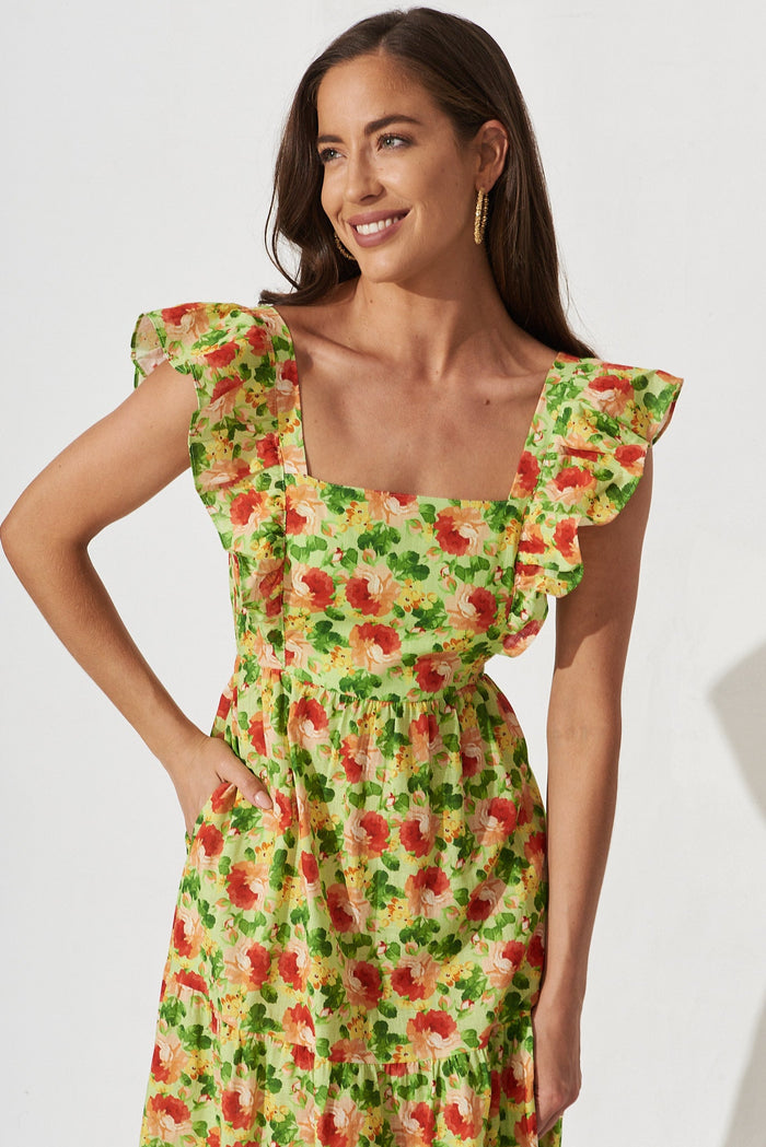Balsamo Maxi Dress In Green With Red Floral Cotton - front