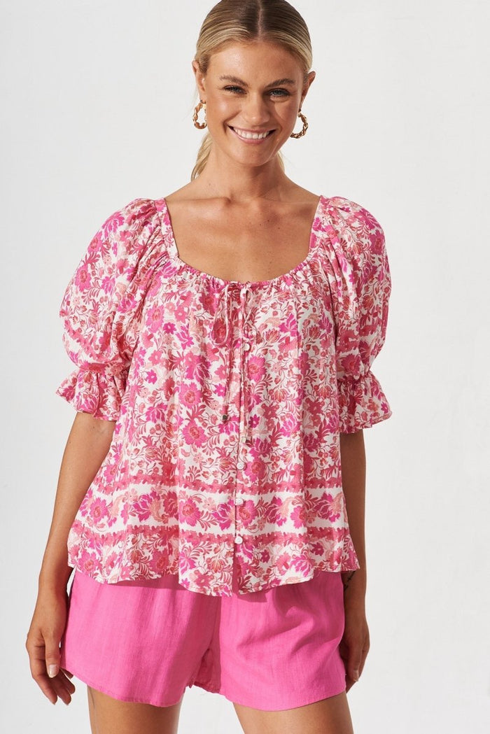Brava Top In White With Pink Floral - St Frock (Dev)