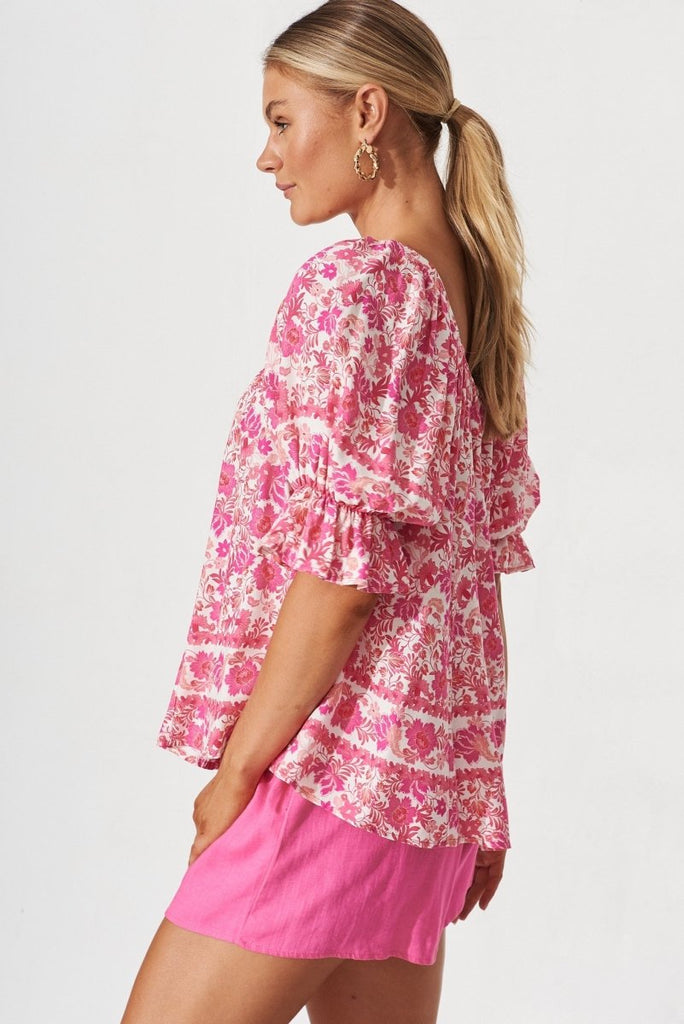 Brava Top In White With Pink Floral - St Frock (Dev)