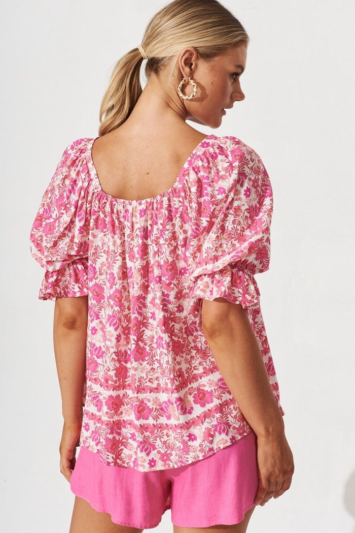 Brava Top In White With Pink Floral - St Frock (Dev)