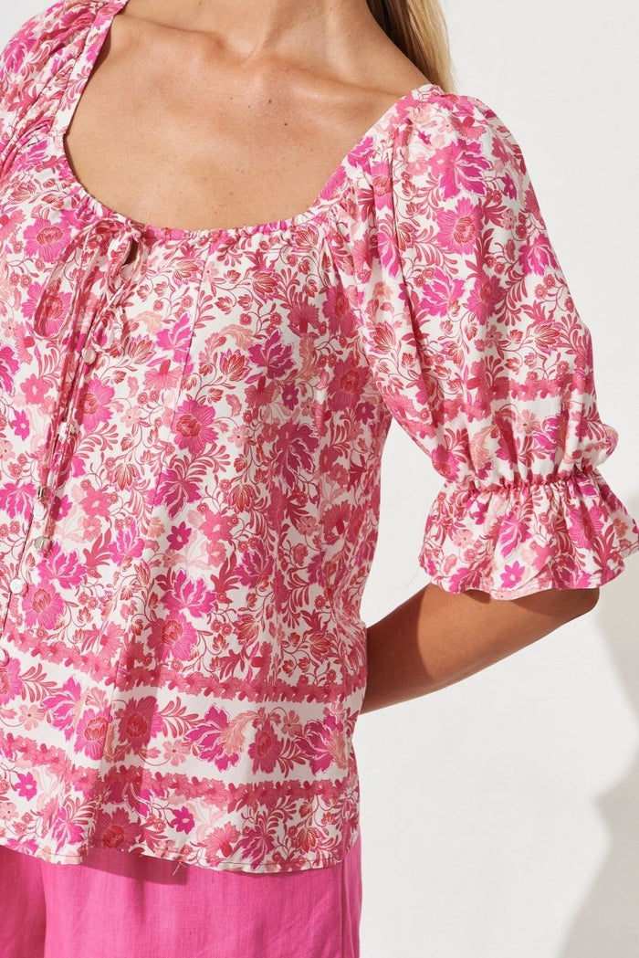 Brava Top In White With Pink Floral - St Frock (Dev)