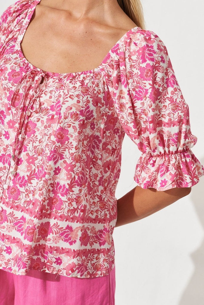 Brava Top In White With Pink Floral - St Frock (Dev)