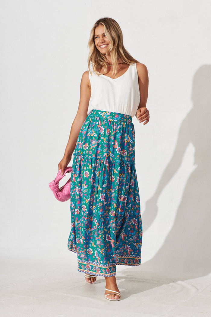 Elena Maxi Skirt In Teal Boho Floral - full length