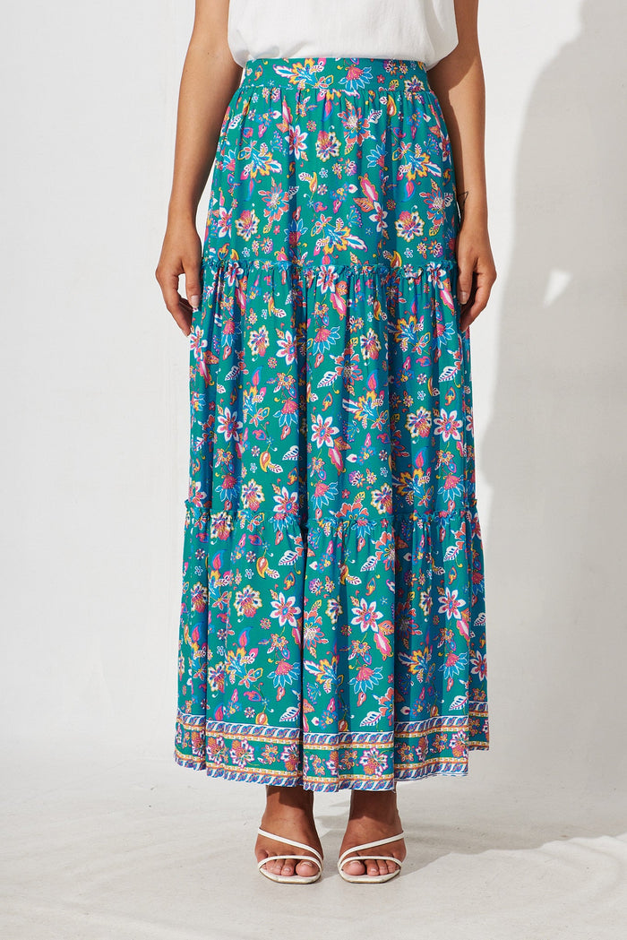 Elena Maxi Skirt In Teal Boho Floral - front