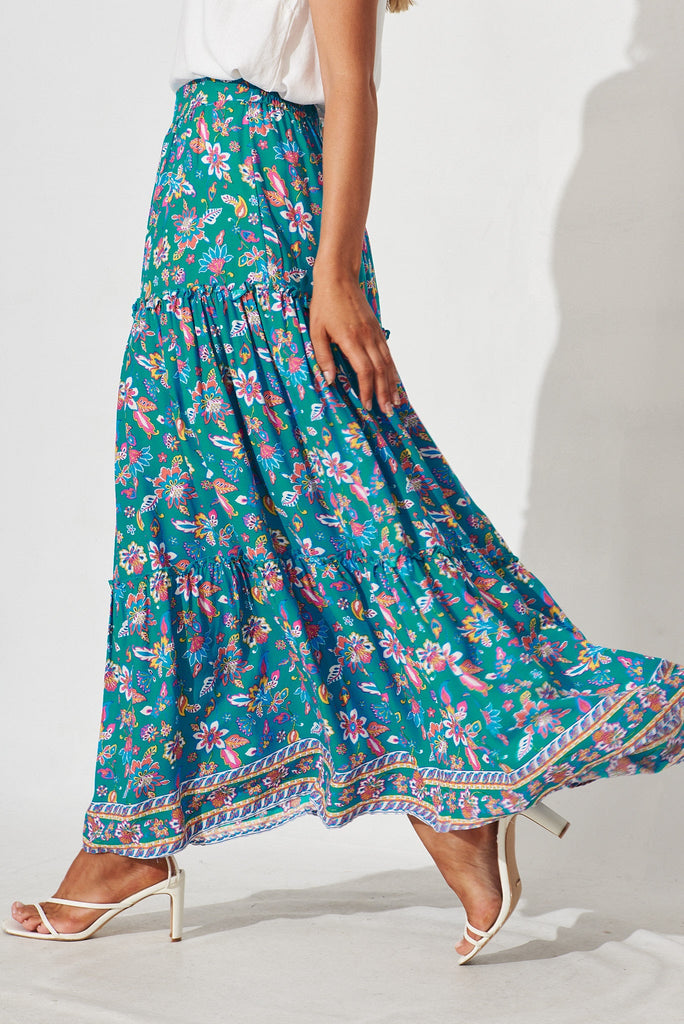 Elena Maxi Skirt In Teal Boho Floral - side