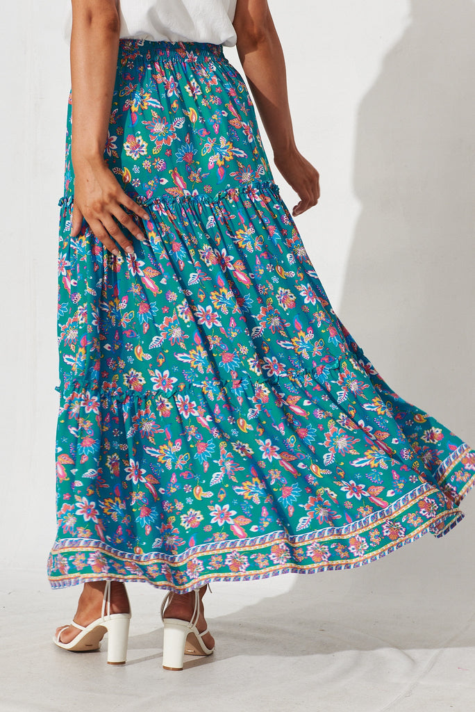 Elena Maxi Skirt In Teal Boho Floral - back