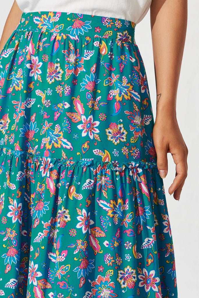 Elena Maxi Skirt In Teal Boho Floral - detail