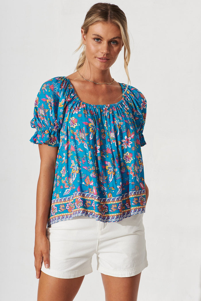 Doncaster Top In Teal Boho Floral - front