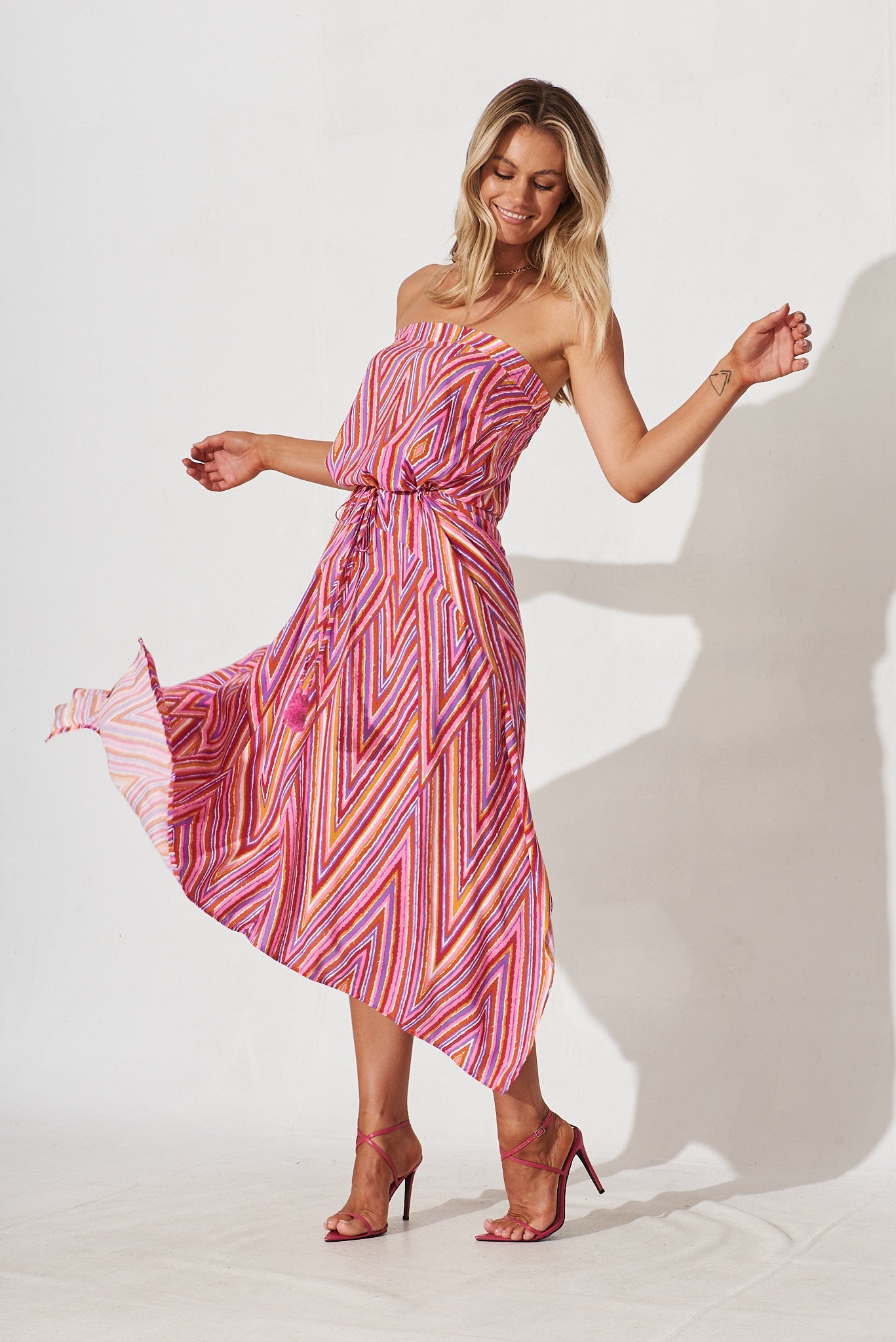 Wild Thoughts Maxi Dress In Pink With Purple Geometric - full length