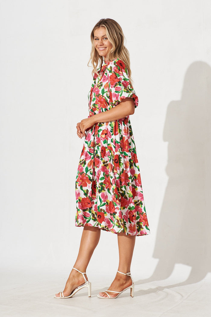 Beadlow Midi Smock Dress In White With Red Floral - St Frock (Dev)