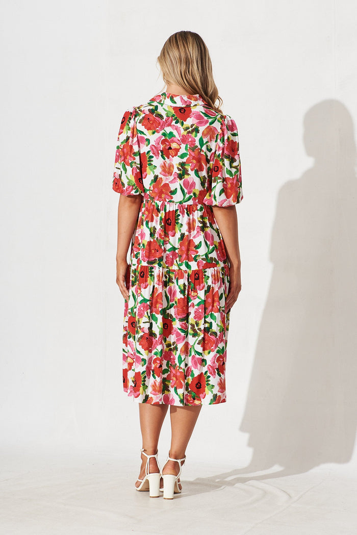 Beadlow Midi Smock Dress In White With Red Floral - St Frock (Dev)