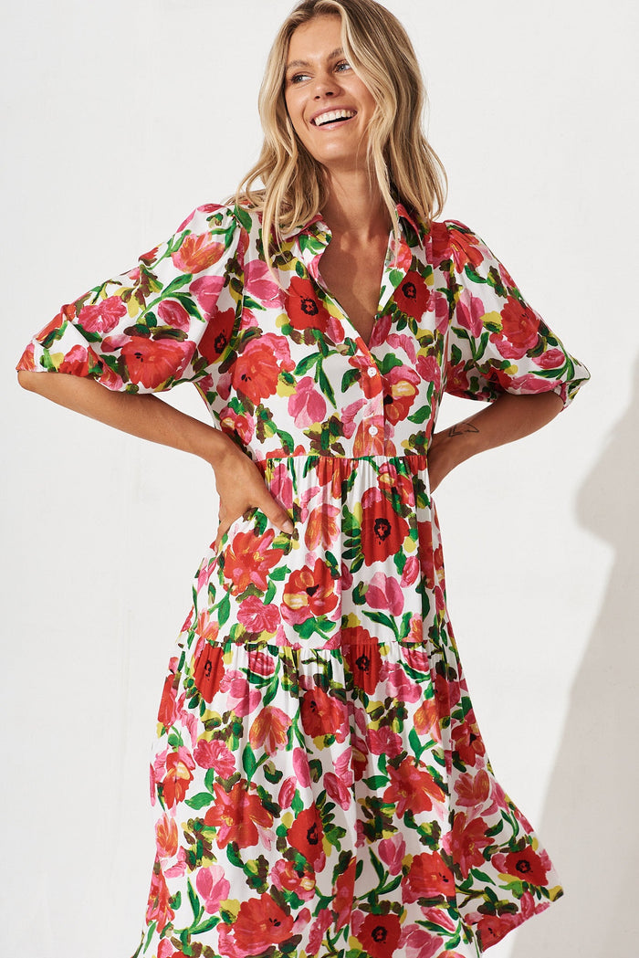 Beadlow Midi Smock Dress In White With Red Floral - St Frock (Dev)