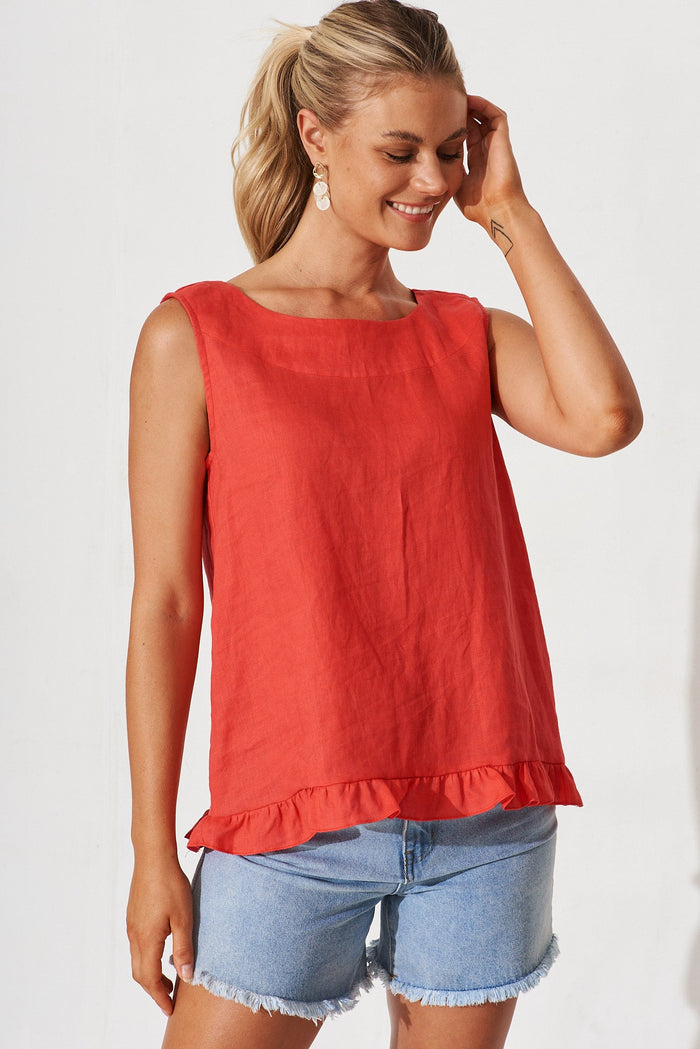 Michalina Top In Coral Linen - front