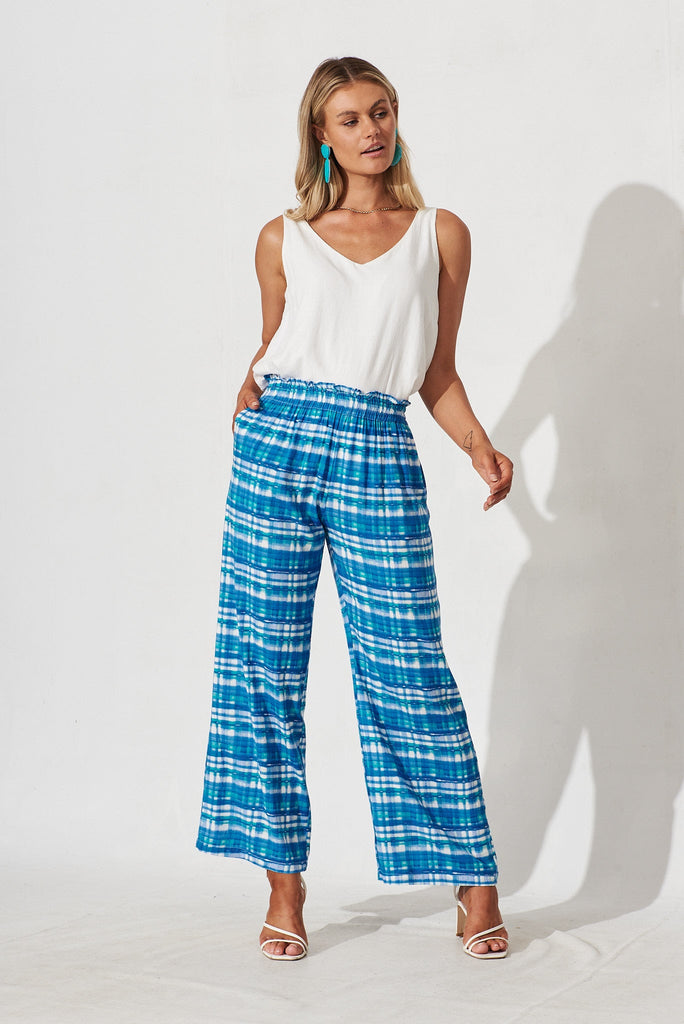 Thorpe Pants In Blue Check Cotton - full length