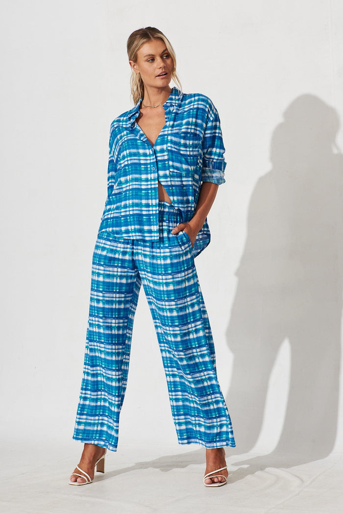 Thorpe Pants In Blue Check Cotton - full length