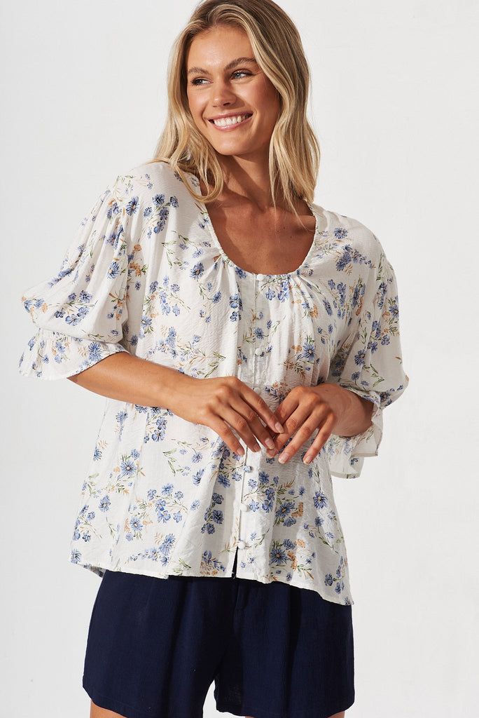Elettra Top In White With Blue Floral - front