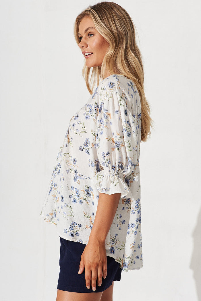 Elettra Top In White With Blue Floral - side
