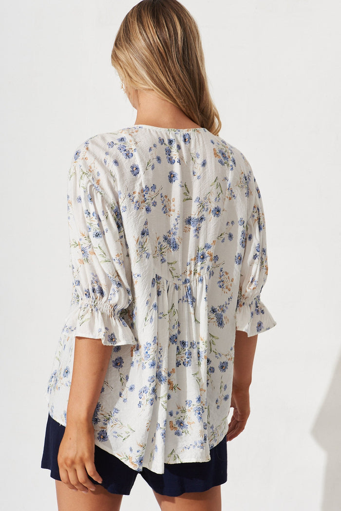 Elettra Top In White With Blue Floral - back