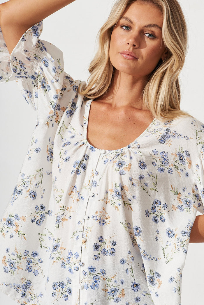 Elettra Top In White With Blue Floral - detail
