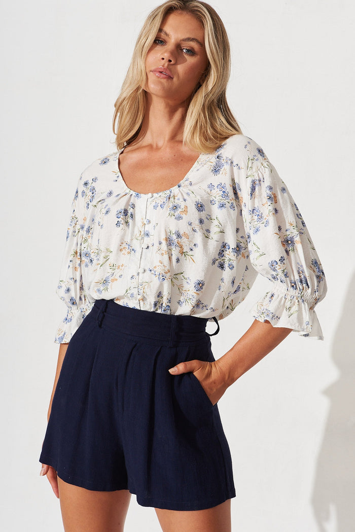 Elettra Top In White With Blue Floral - front