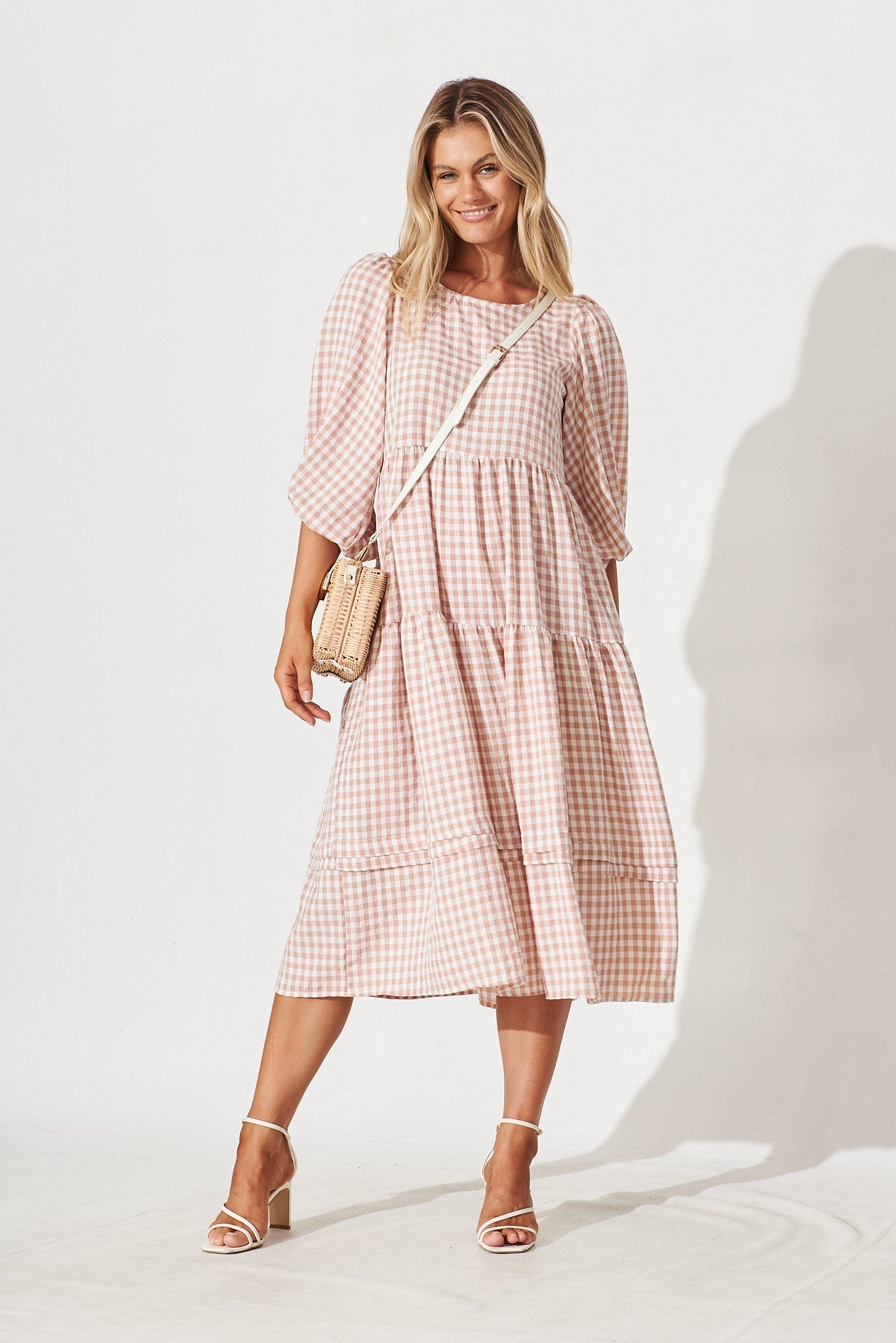 Costanza Maxi Dress In Beige Gingham - full length