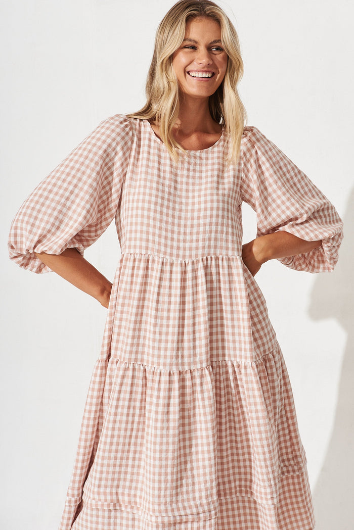 Costanza Maxi Dress In Beige Gingham - front