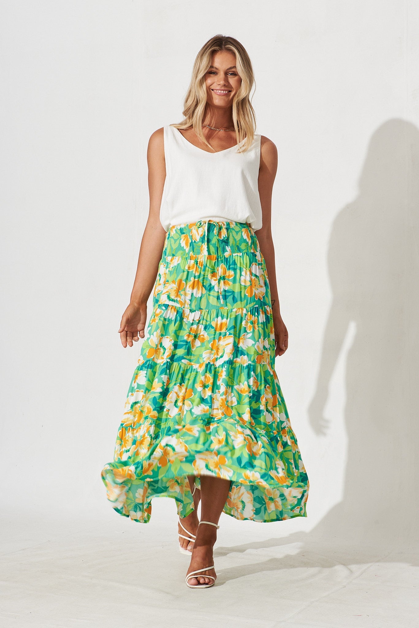 Esperanza Maxi Skirt In Green And Orange Floral - full length