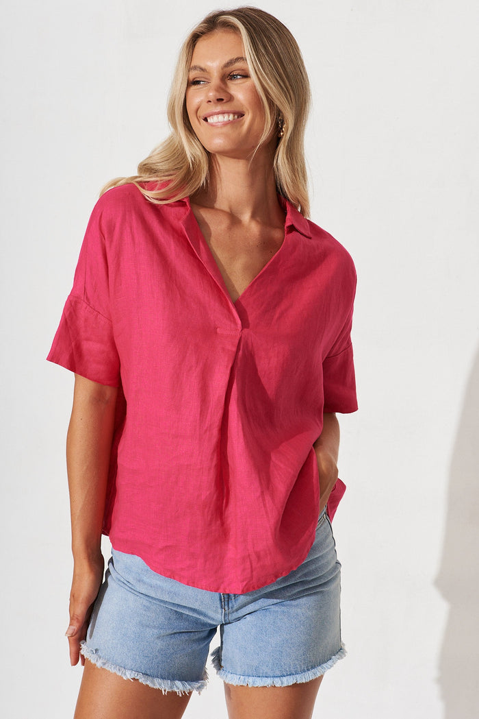 Azzurra Top In Hot Pink Linen - St Frock (Dev)