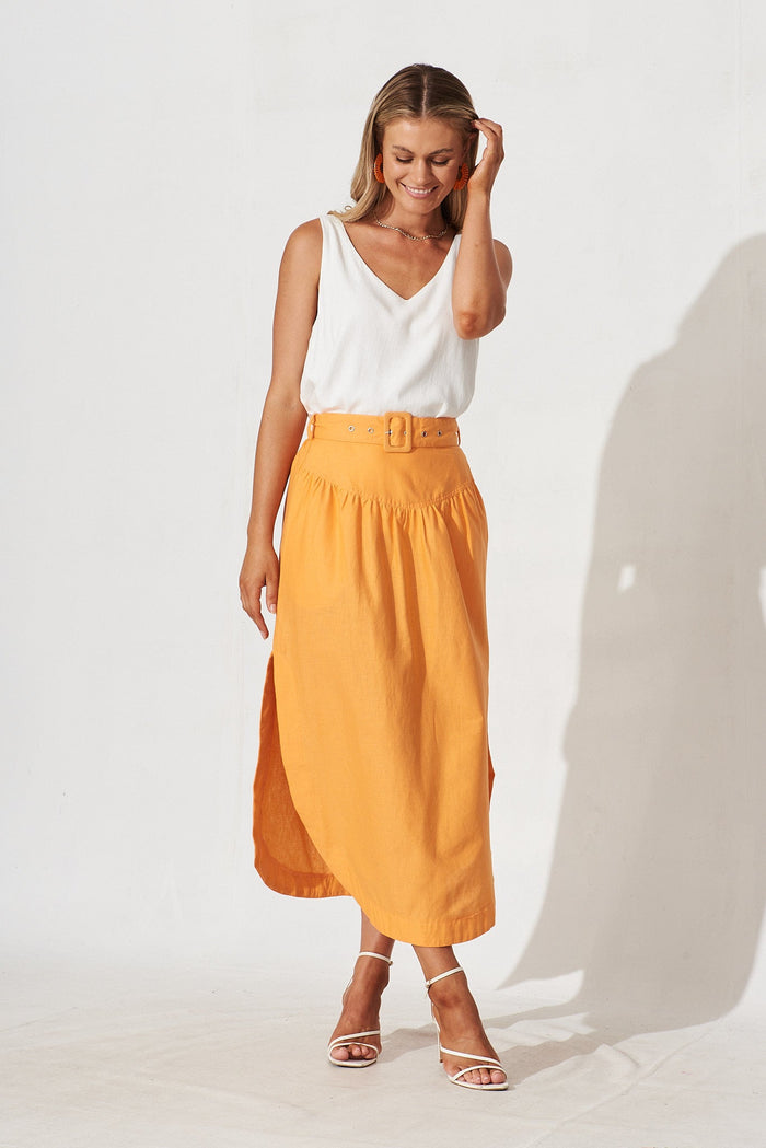 Marta Maxi Skirt In Tangerine Cotton Linen - full length