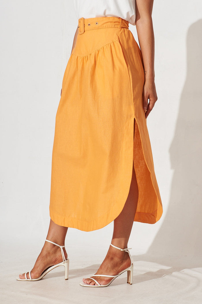 Marta Maxi Skirt In Tangerine Cotton Linen - side