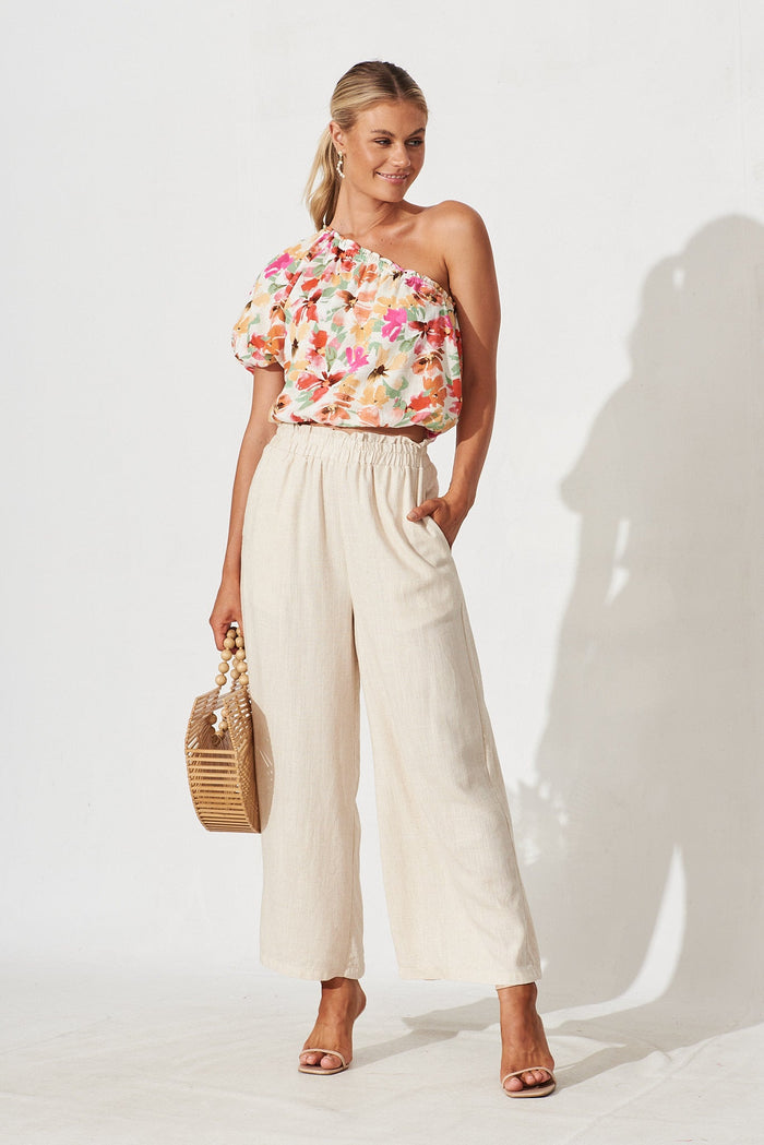 Lorenza Top In Beige With Multi Floral Linen Blend - full length