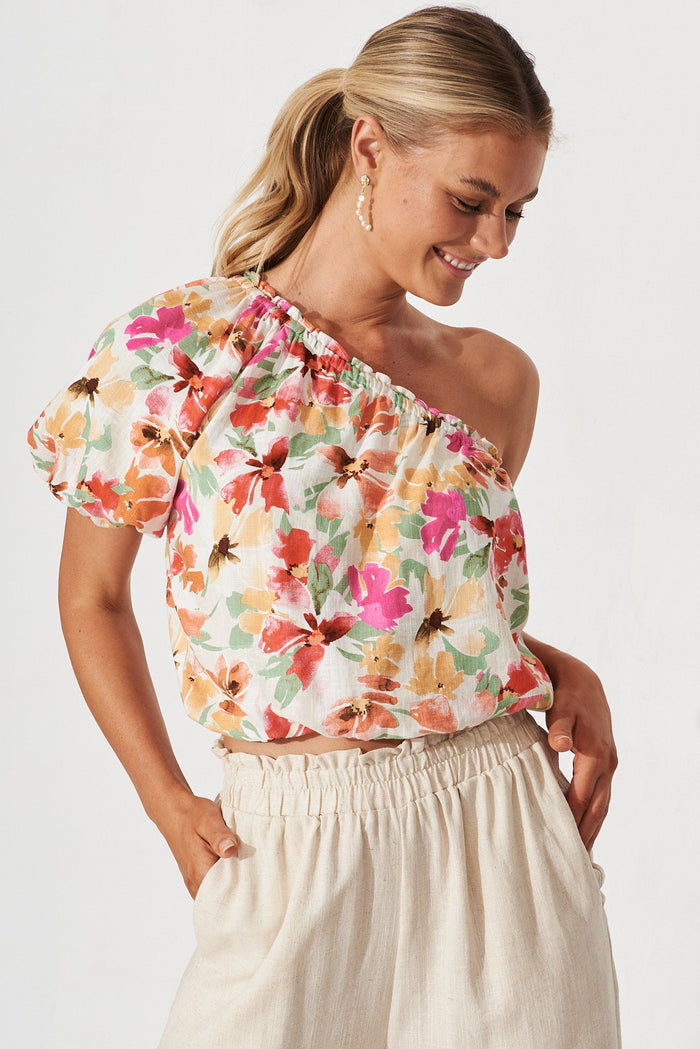 Lorenza Top In Beige With Multi Floral Linen Blend - front