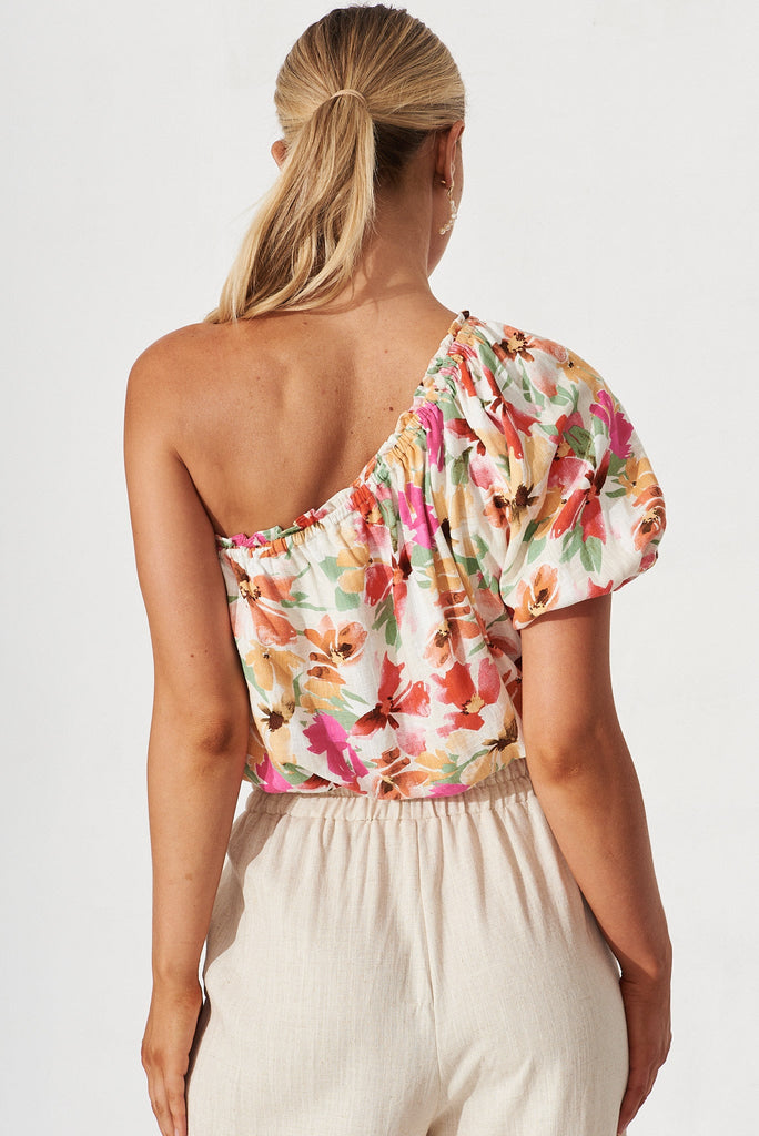 Lorenza Top In Beige With Multi Floral Linen Blend - back