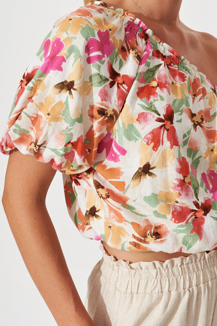 Lorenza Top In Beige With Multi Floral Linen Blend - detail