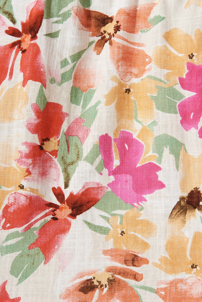 Lorenza Top In Beige With Multi Floral Linen Blend - fabric