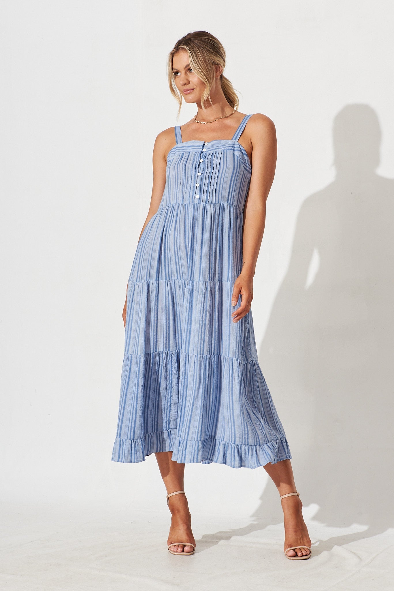 Bertha Midi Dress In Blue Stripe - full length